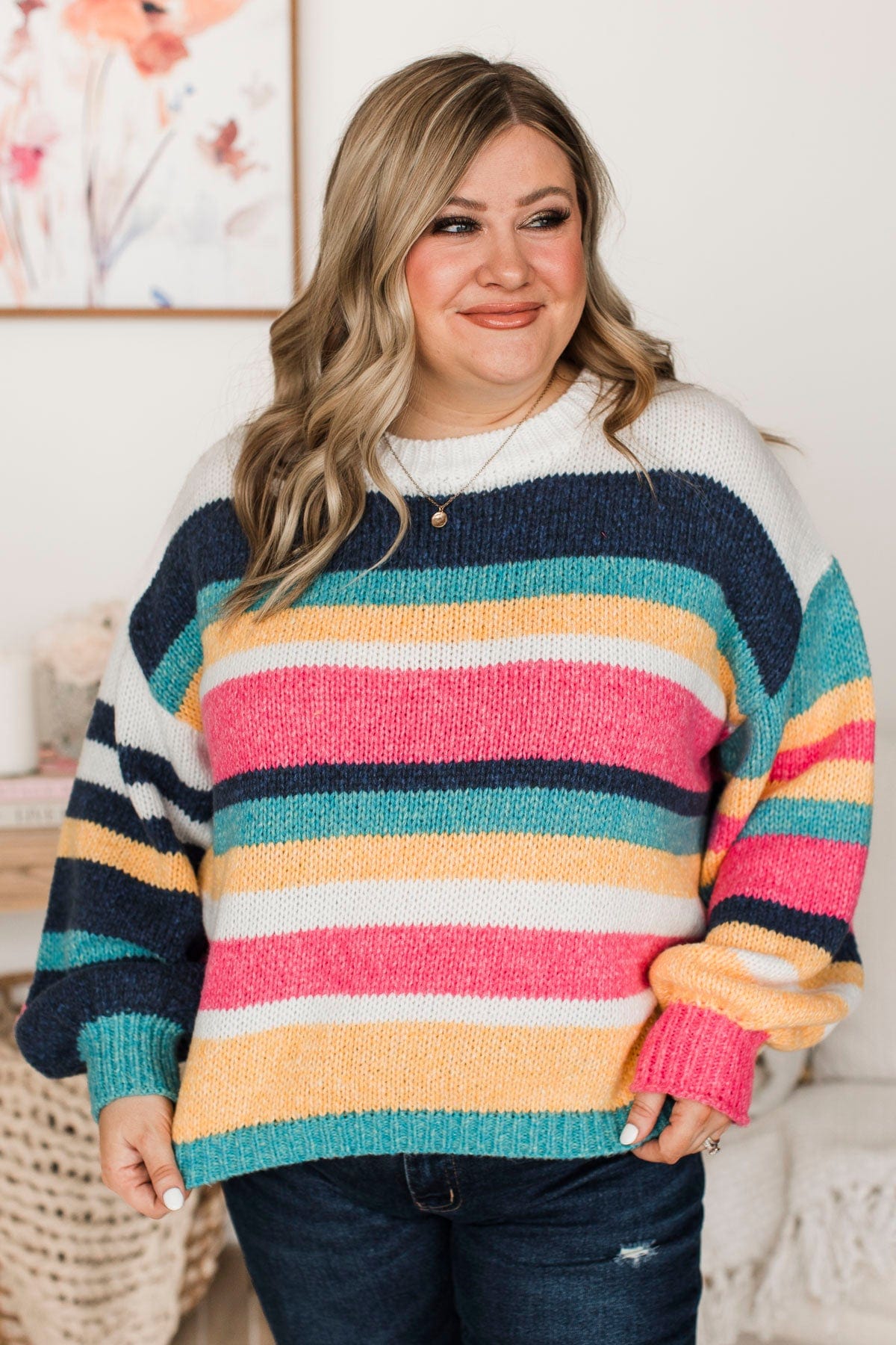 Romantic Heart Striped Sweater- Navy, Pink, & Ivory