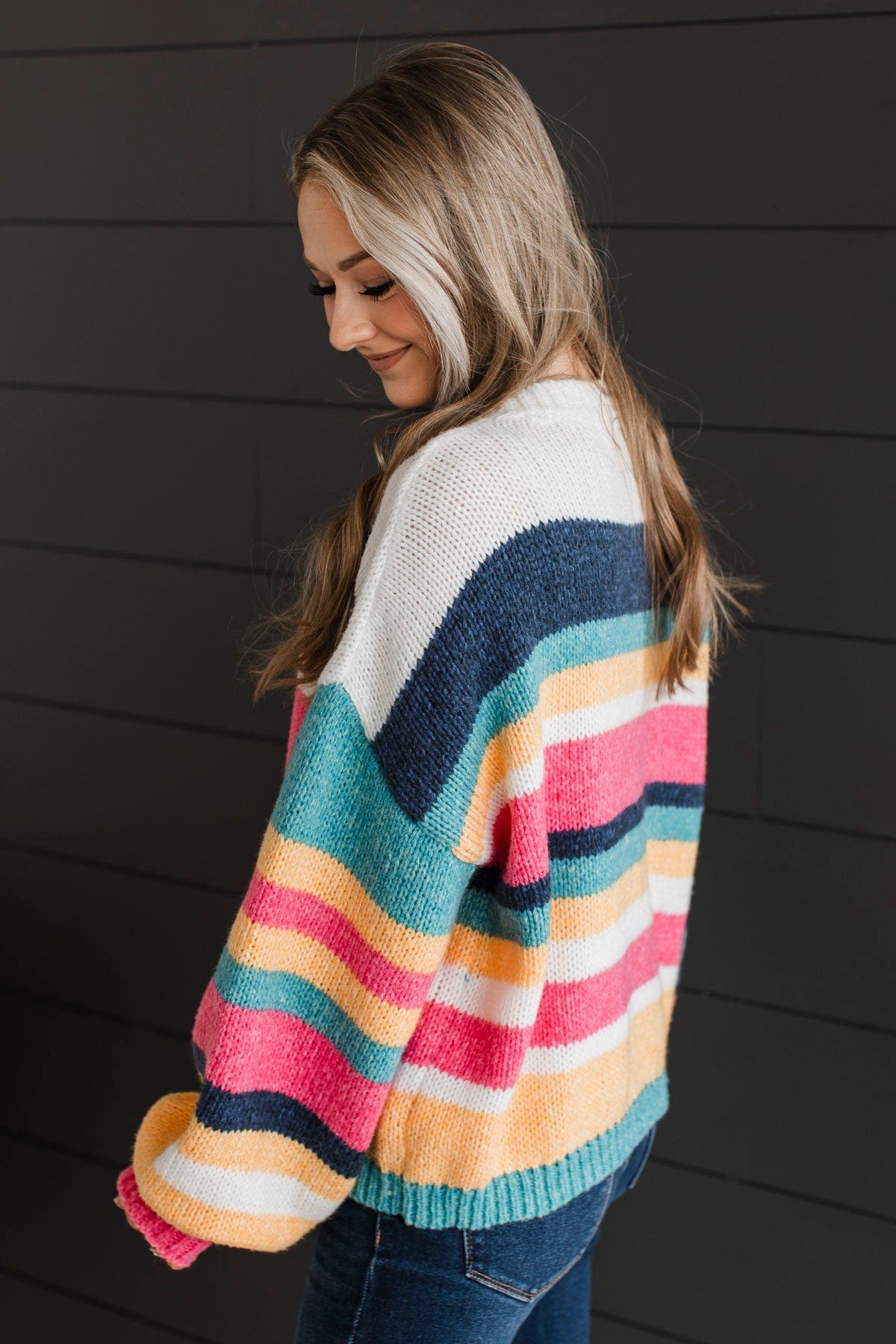 Romantic Heart Striped Sweater Navy, Pink, & Ivory The Pulse Boutique