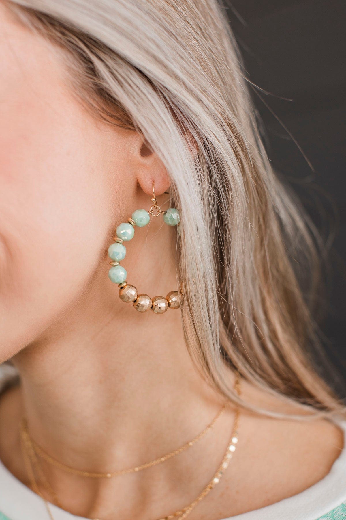 Elegant Beauty Beaded Hoop Earrings- Mint