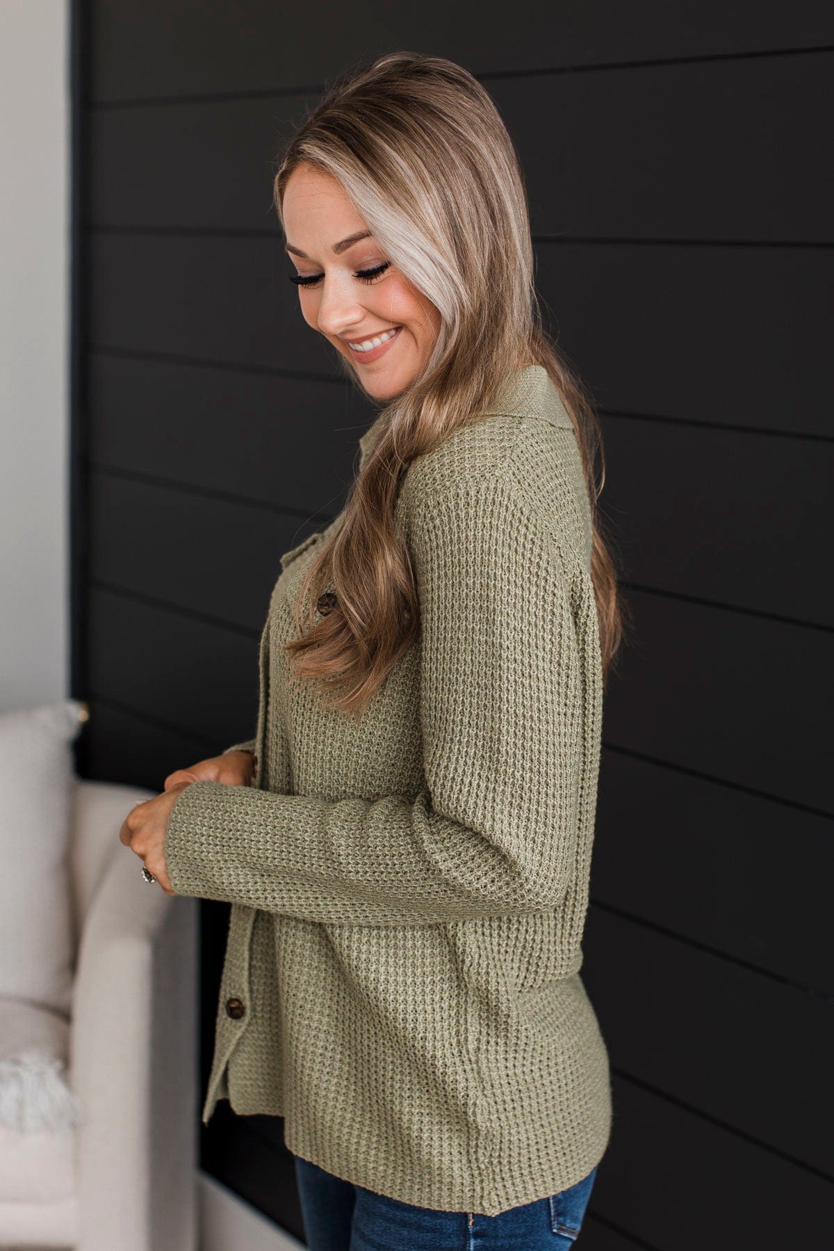 Don't Be Fooled Waffle Knit Button Top- Sage
