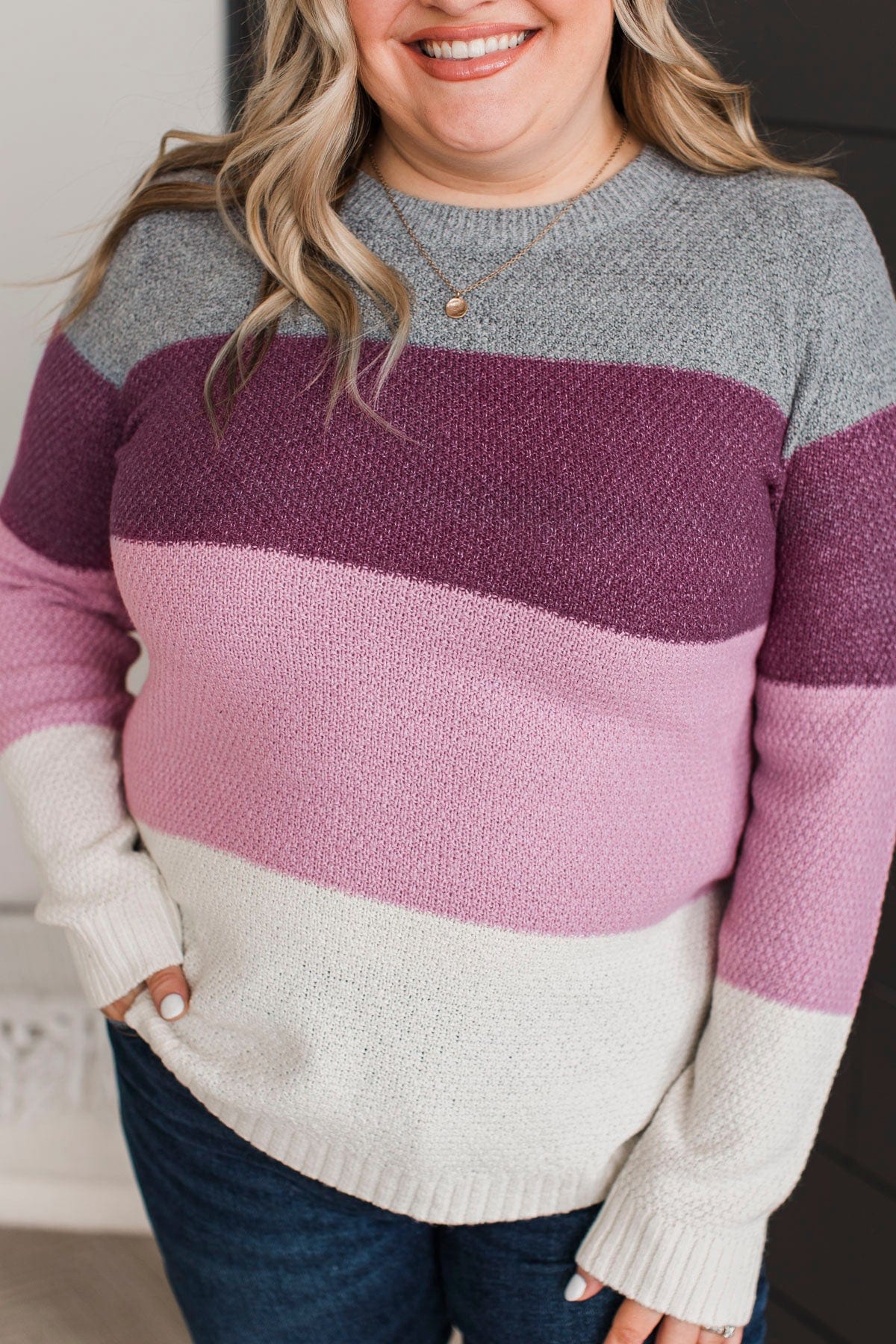 All About Spring Color Block Knit Sweater- Magenta & Mauve