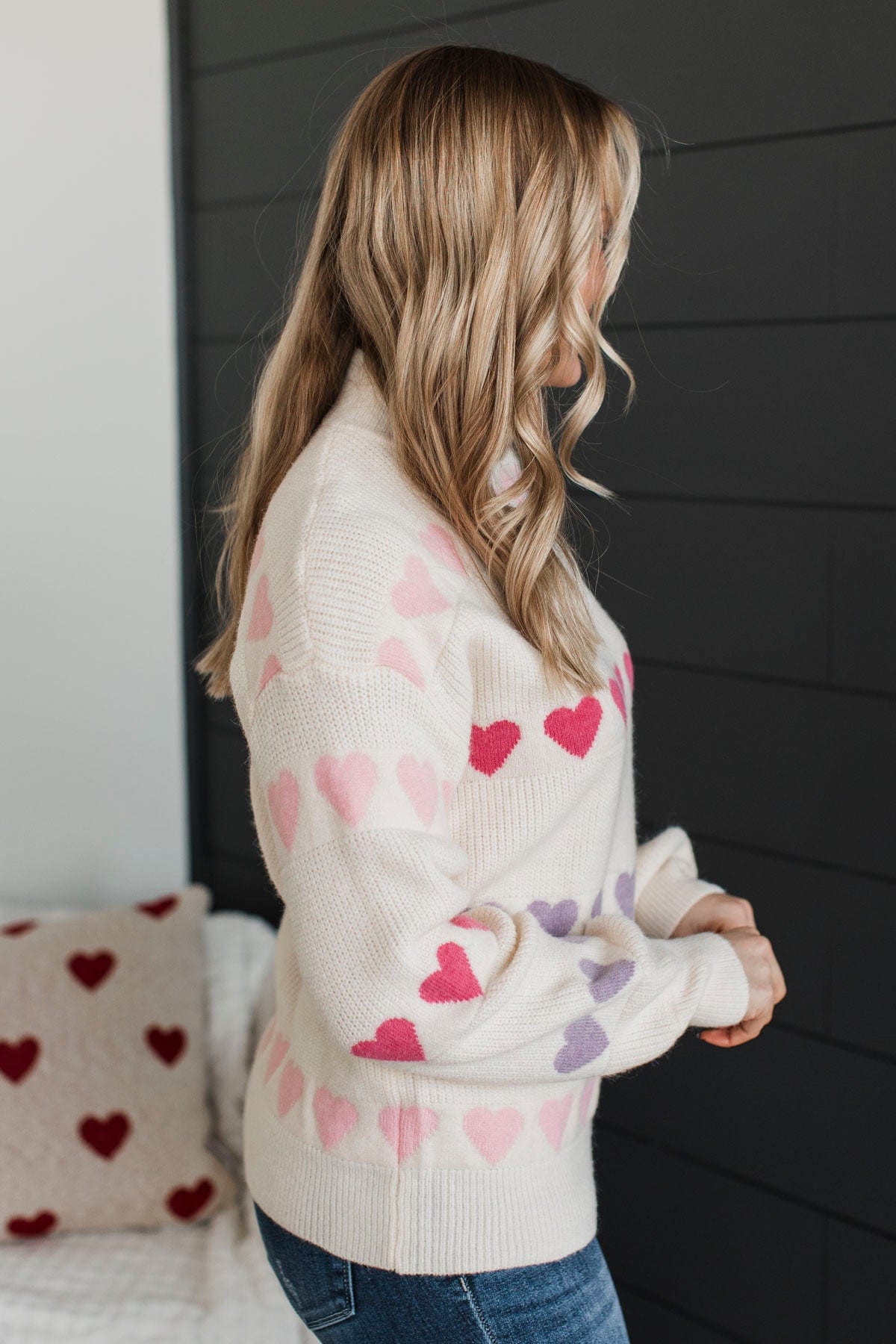 Cherished Time Heart Knit Sweater- Cream Multi