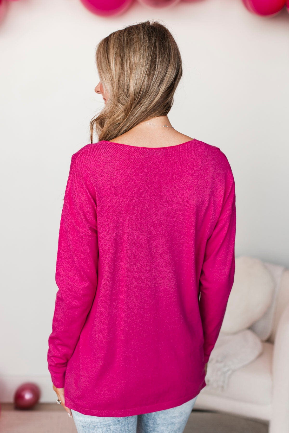 Soft As A Cloud V-Neck Sweater- Hot Pink - The Pulse Boutique