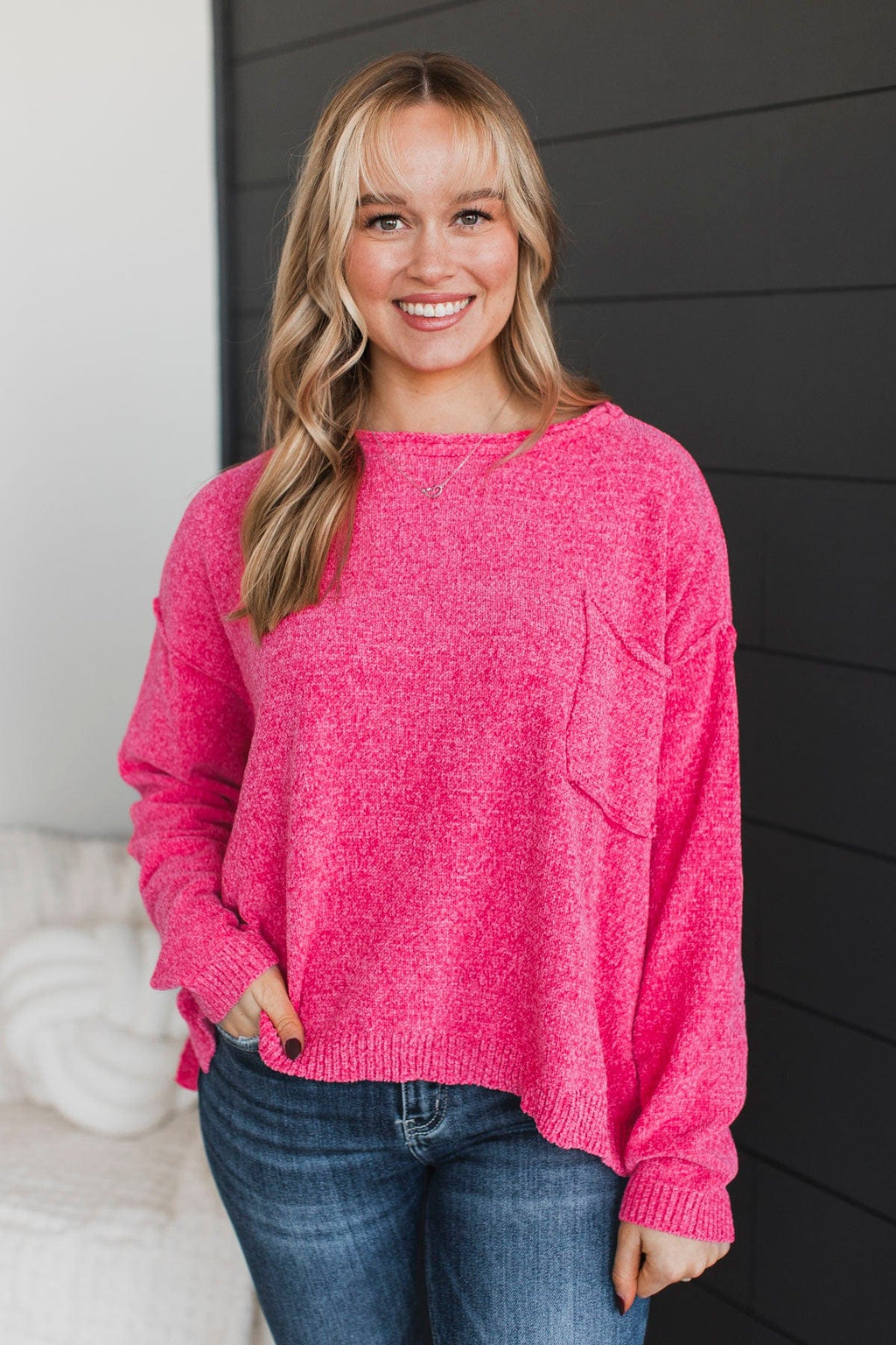 Bright Cheery Chenille Knit Sweater- Hot Pink