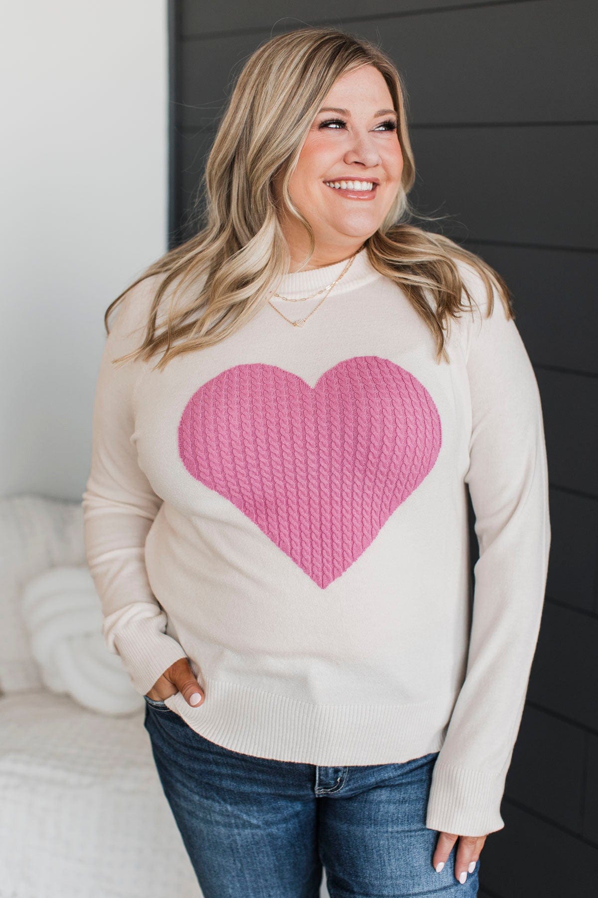 Welcoming Love Heart Knit Sweater- Ivory Pink - Main Image