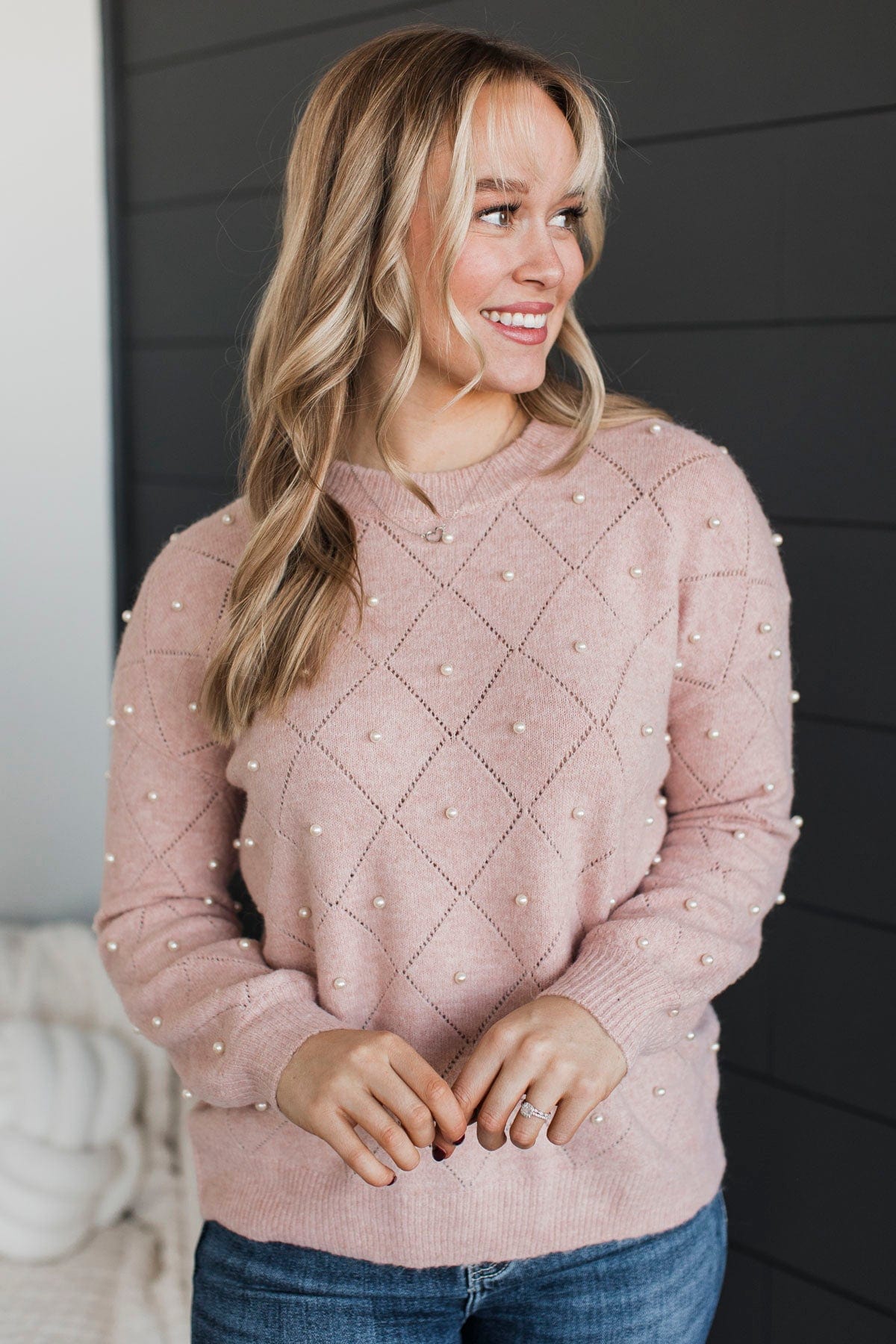 Beautiful Dreams Beaded Pointelle Sweater- Dusty Blush