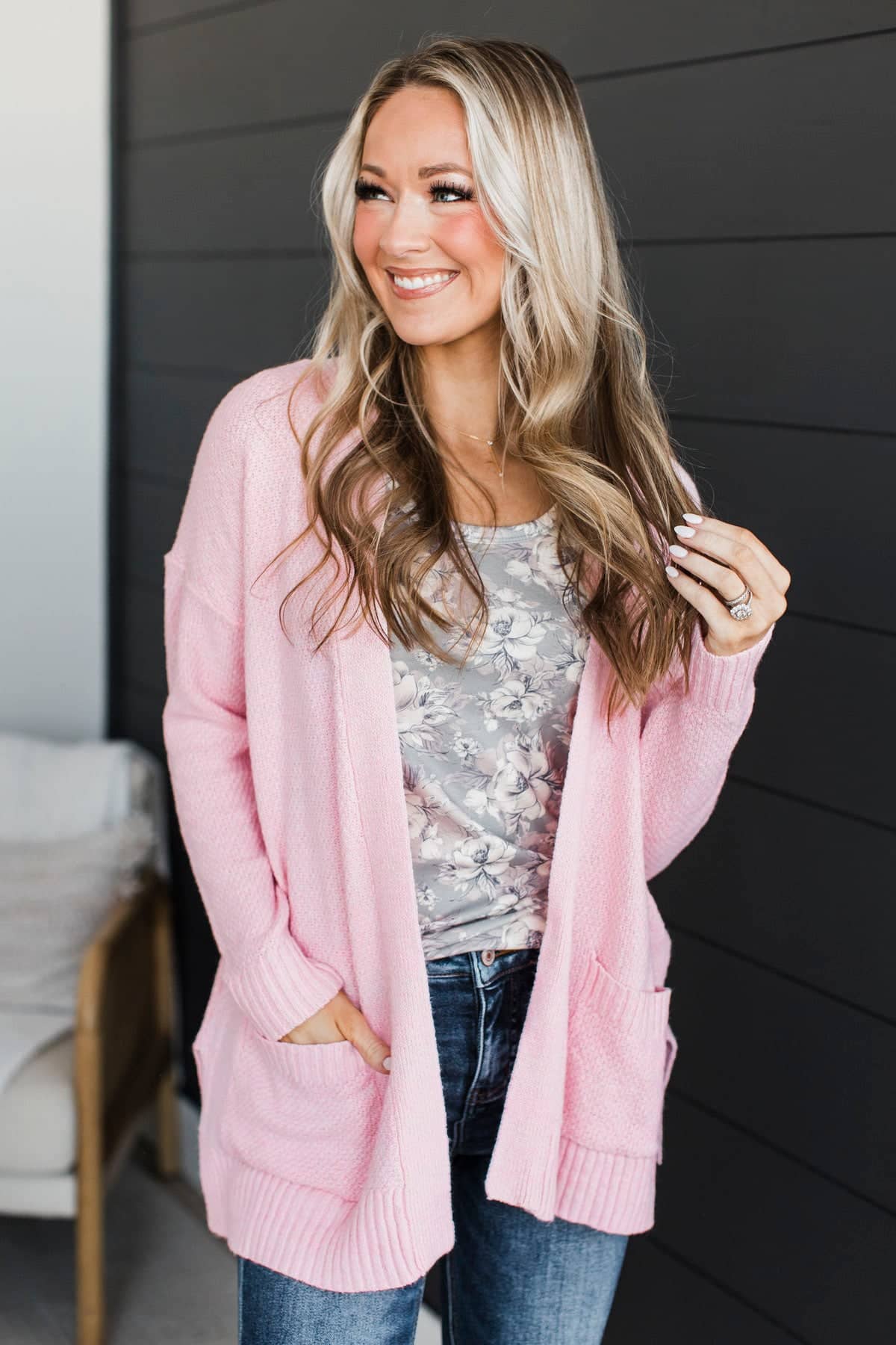 light pink cardigan for dress Cute Simplicity Pink Textured Knit Maxi Dress & Cardigan Set, Pink M