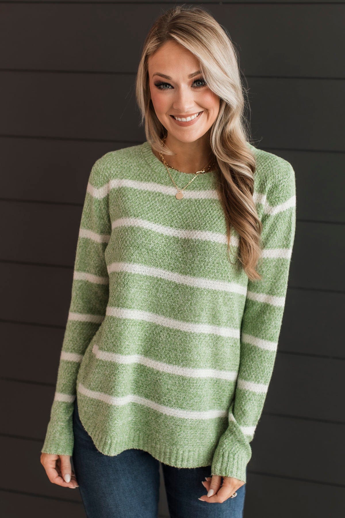 Way Of Life Striped Knit Sweater- Green & Ivory
