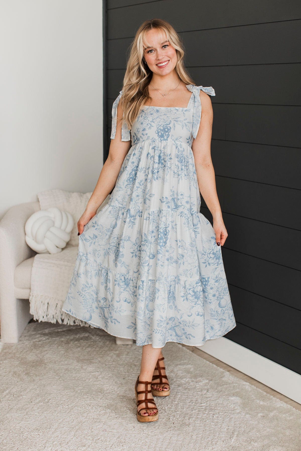 Always Brilliant Floral Midi Dress- Ivory & Blue Always Brilliant Floral Midi Dress- Ivory & Blue