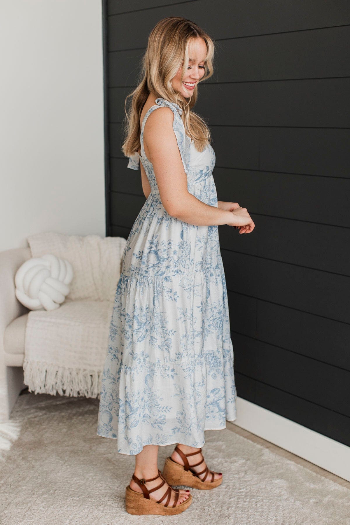 Always Brilliant Floral Midi Dress- Ivory & Blue Always Brilliant Floral Midi Dress- Ivory & Blue