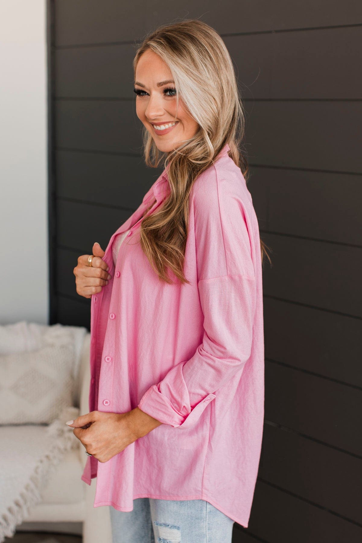 Always Interesting Button Up Top- Pink