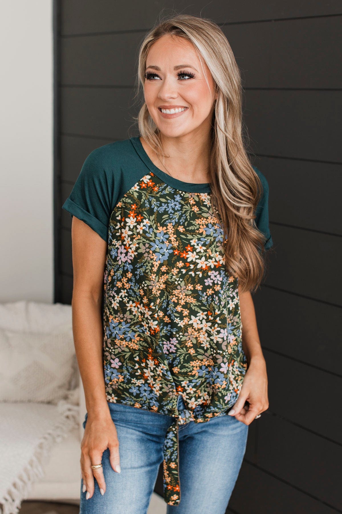 Blooming Right Floral Tie Top- Hunter Green