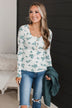Call Me Lovely Floral Henley Top- Ivory & Hunter Green