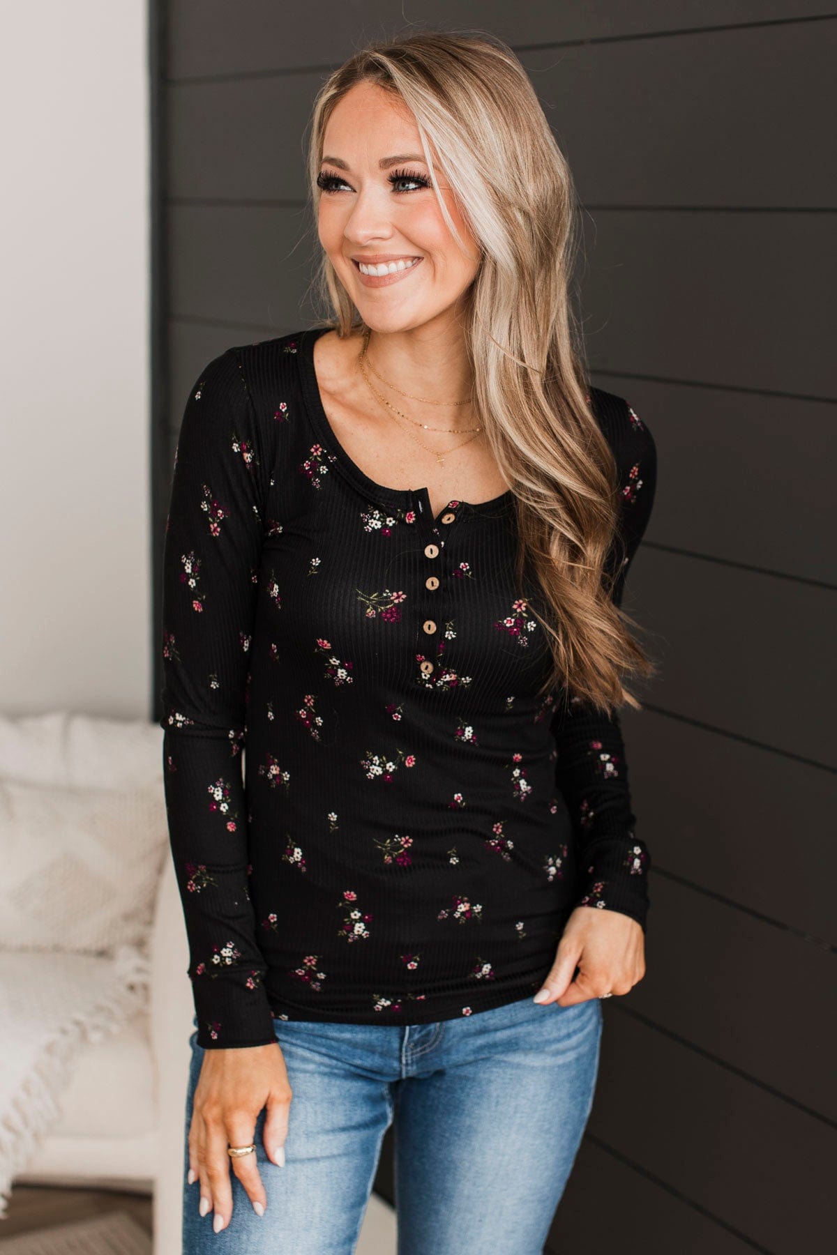 Call Me Lovely Floral Henley Top- Black & Magenta