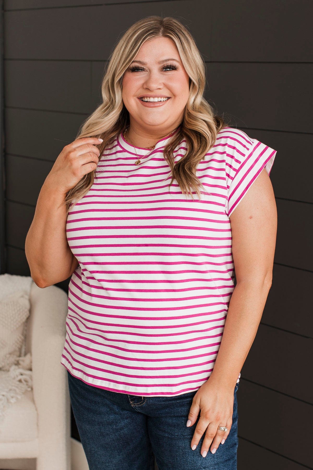 Easily Infatuated Striped Top- Ivory & Magenta
