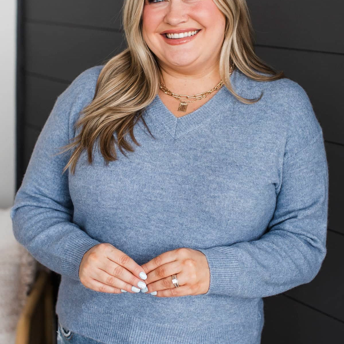 Sweaters Likeable Very Likable Knit V-Neck Sweater- Denim Blue – The Pulse Boutique
