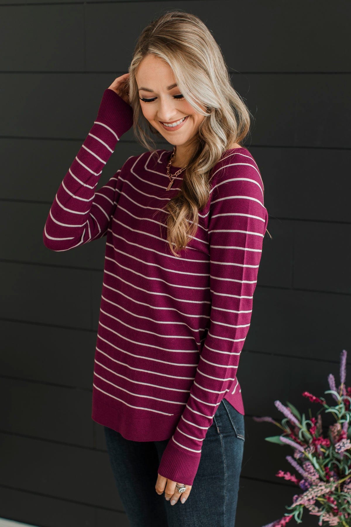 Days Like These Striped Knit Sweater- Plum & Ivory
