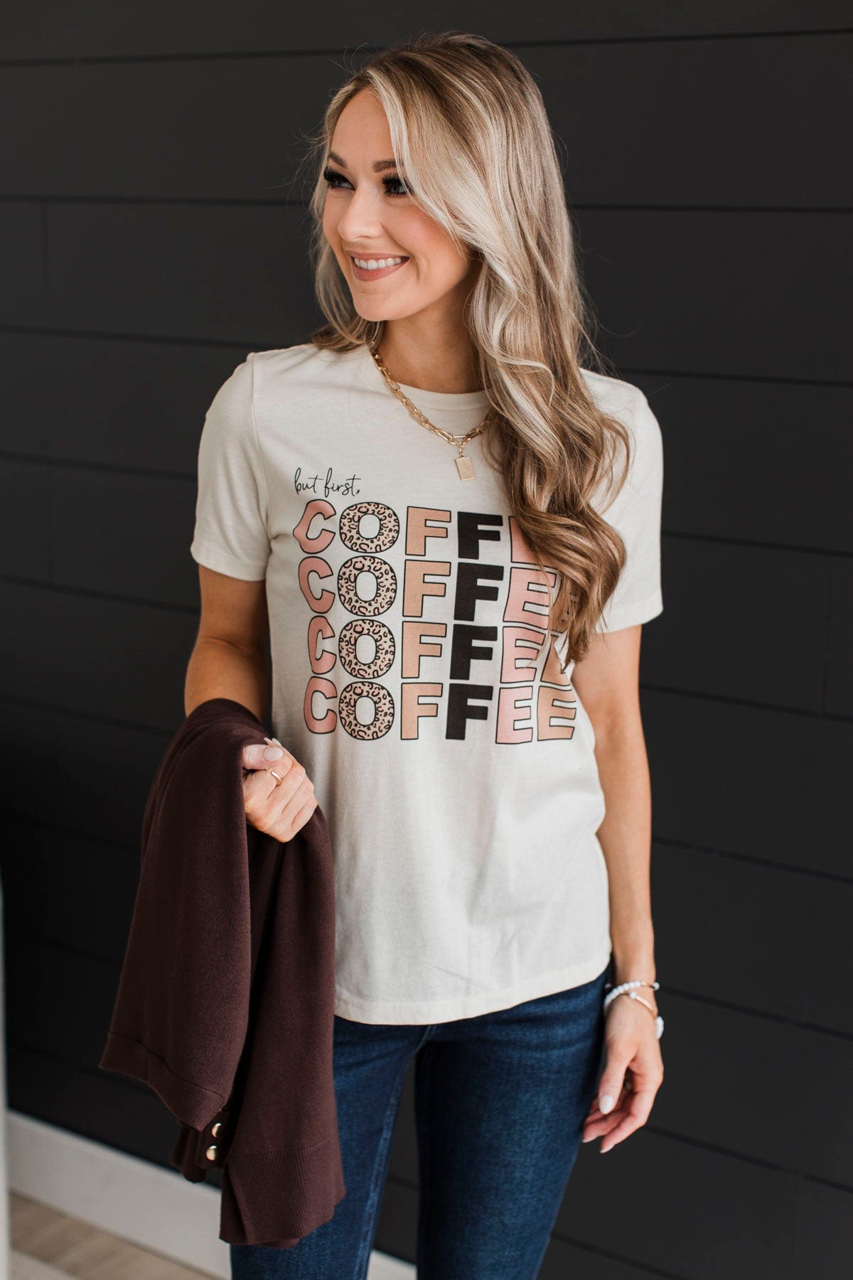 "But First, Coffee" Stacked Graphic Tee- Cream