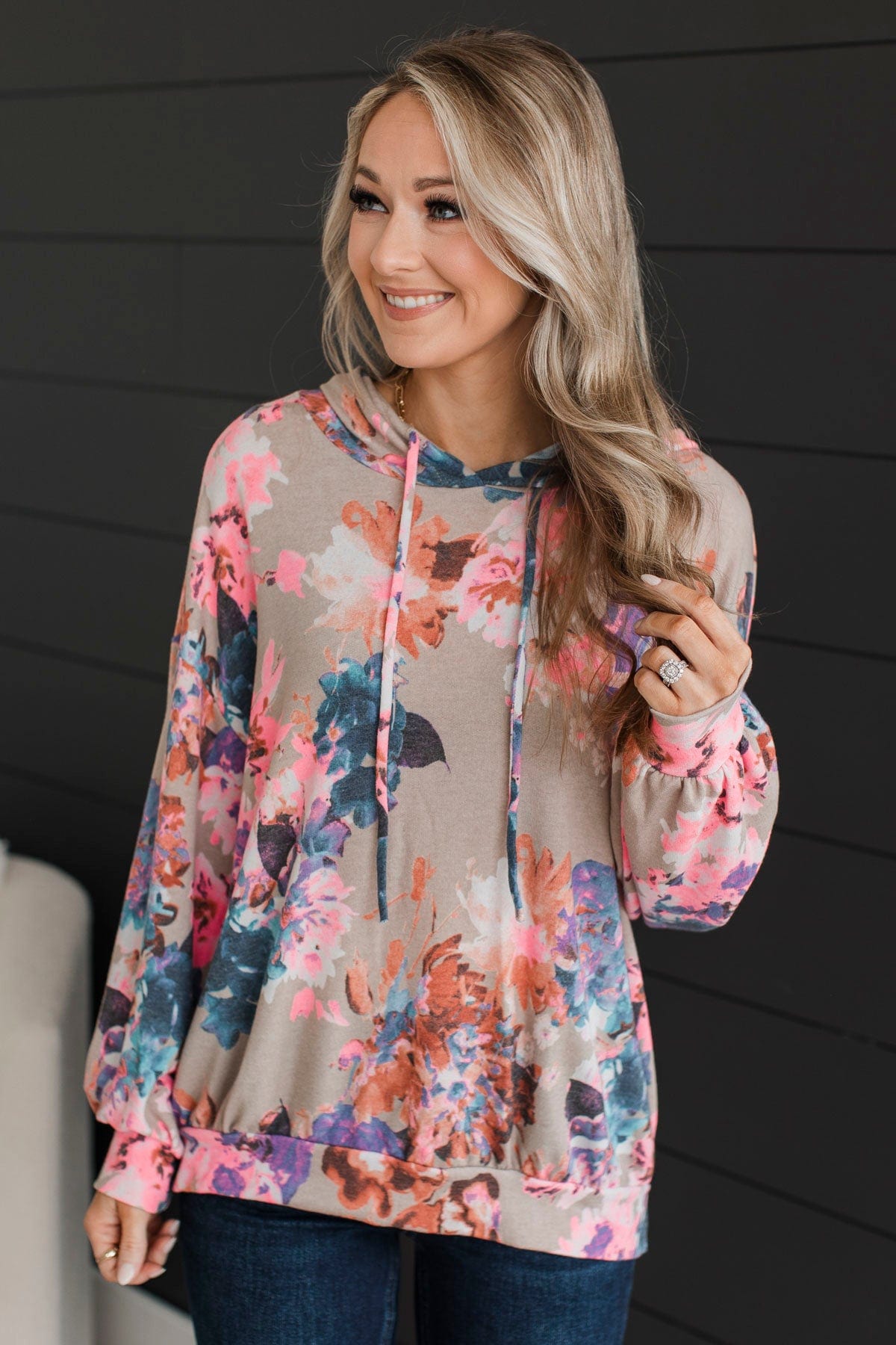 Lively Spirit Floral Hooded Top- Taupe & Neon Pink