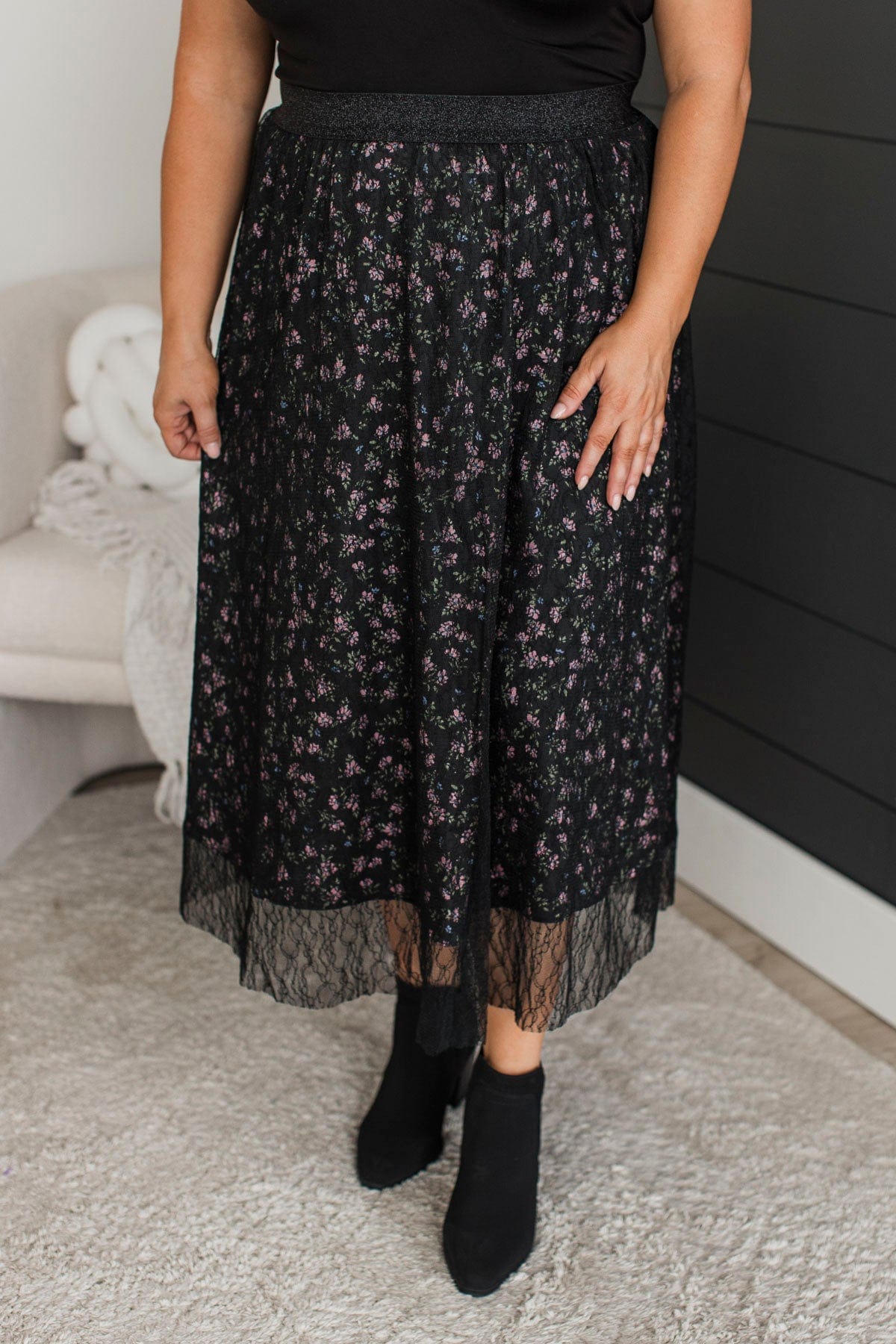 Fulfill Your Life Floral & Lace Midi Skirt- Black