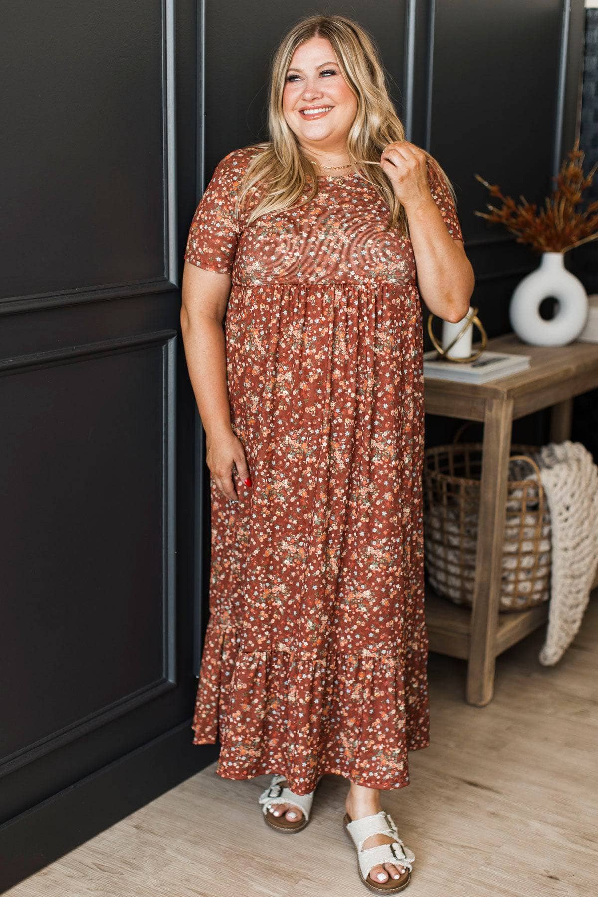 Romantic Days Floral Midi Dress- Rust Brown