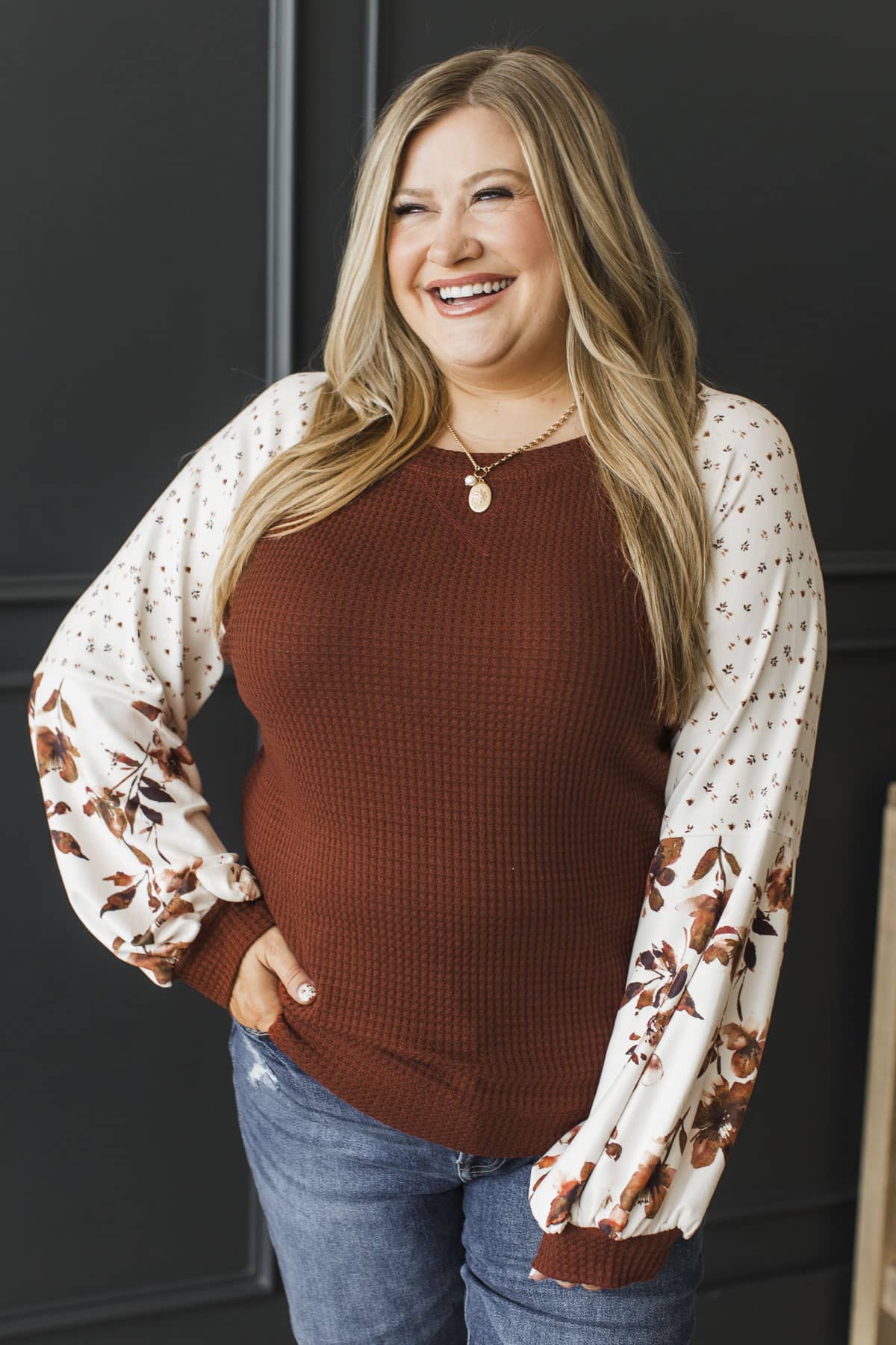 Chasing Horizons Waffle Knit Long Sleeve Top- Dark Rust
