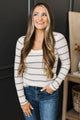 All In Balance Long Sleeve Striped Top- Ivory & Grey