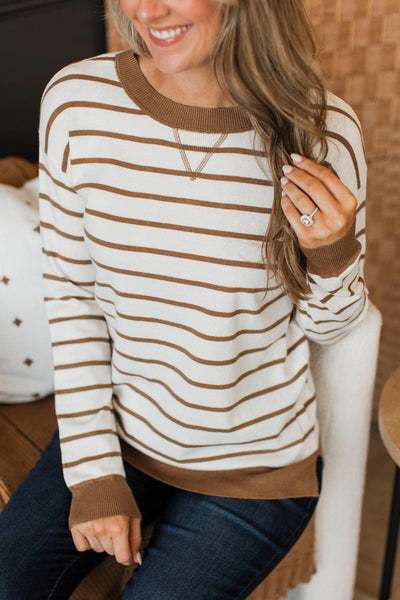 TAUPE STRIPED SWEATER WITH PINK BLANKET STITCH ACCENT main image 0