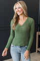 Drifting Along Ribbed V-Neck Sweater Top- Pine