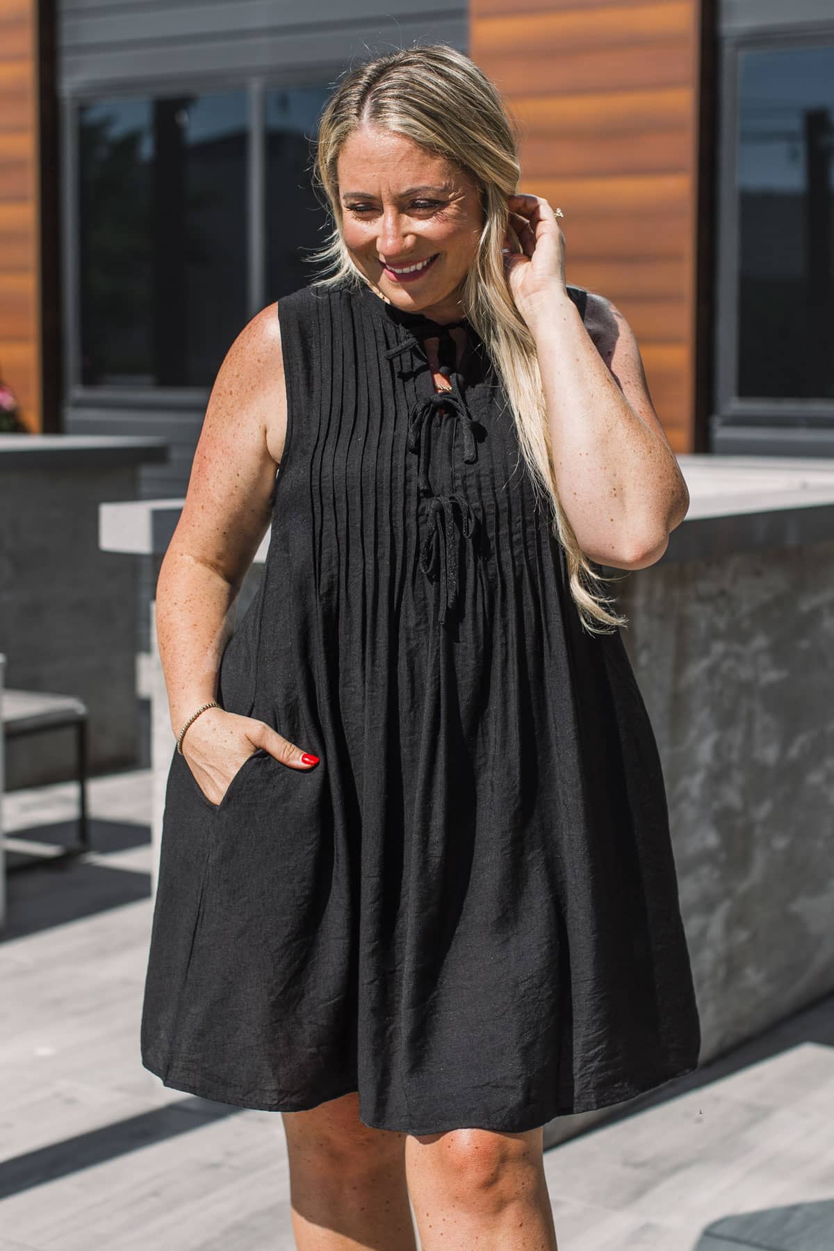 short black dress with pockets Black Short Sleeve Babydoll Dress - Mini Dresses