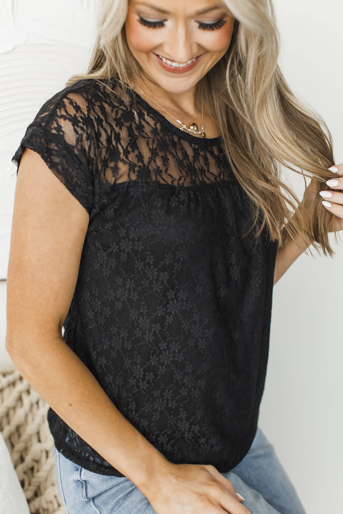 Meet Me At Midnight Lace Short Sleeve Top- Black