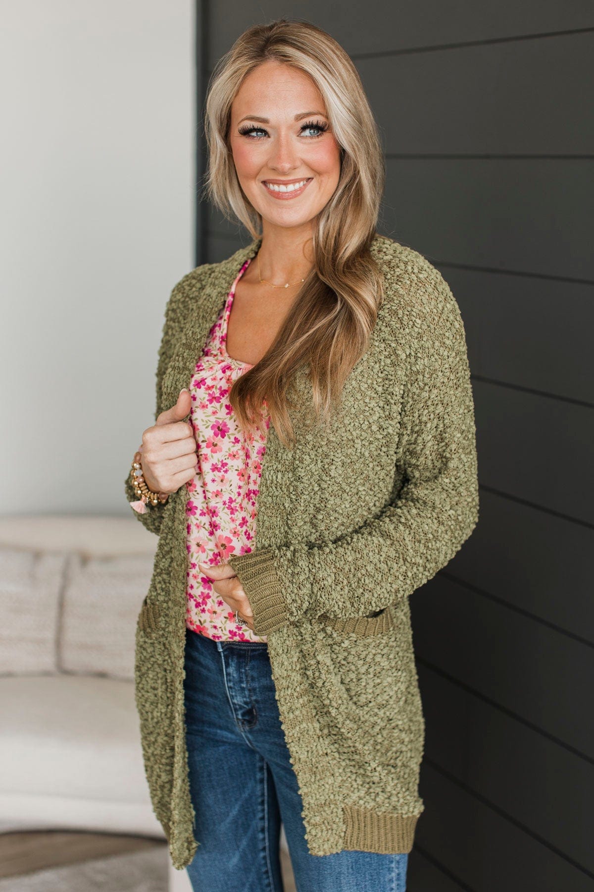 Movie Date Popcorn Knit Cardigan Army Green The Pulse Boutique