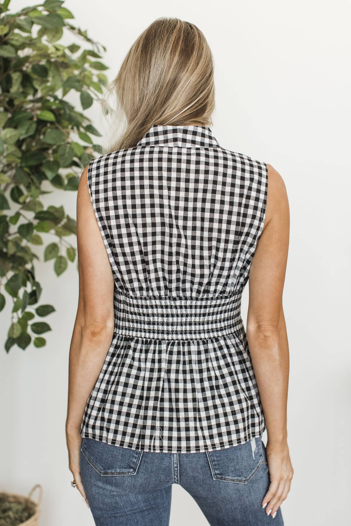 Forever Starts Here Zip-Up Peplum Blouse- Black Gingham