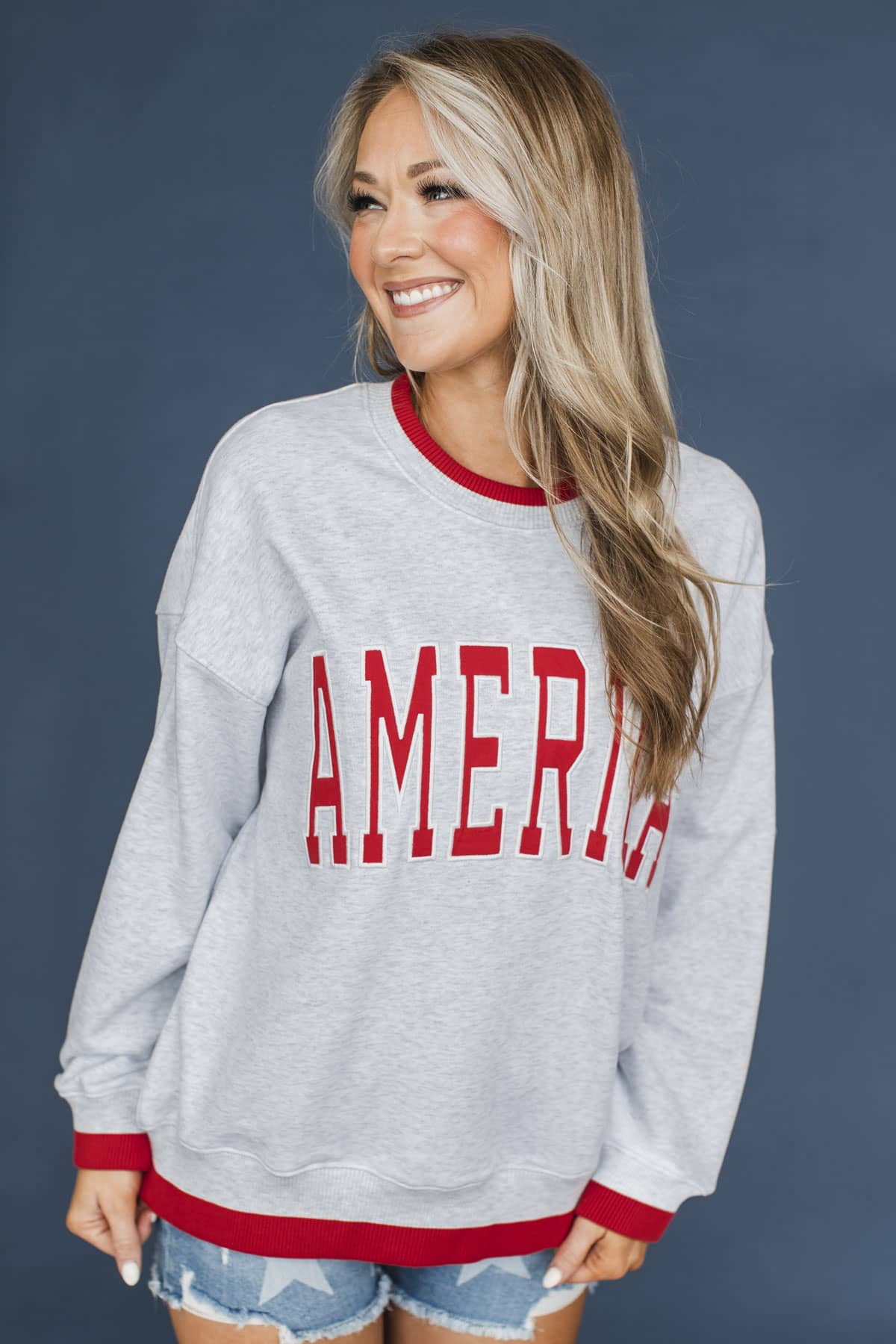 "America" Crew Neck Pullover- Heather Grey & Red