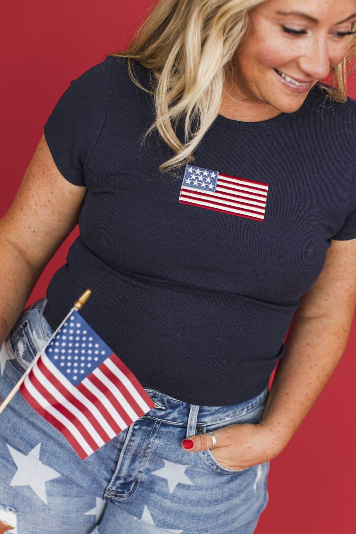 "American Flag" Embroidered Short Sleeve Top- Navy