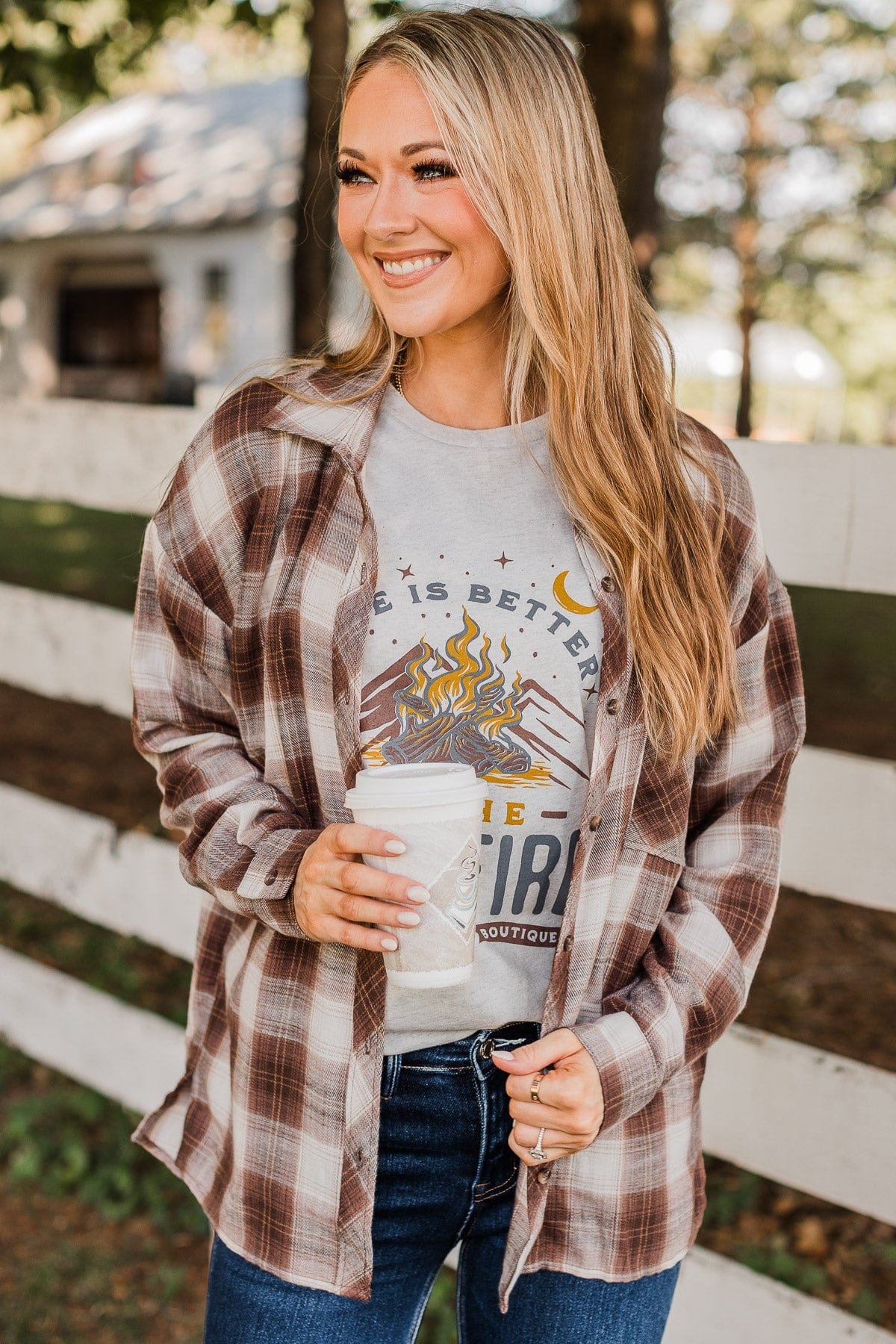 In Your Dreams Plaid Button Top- Chestnut