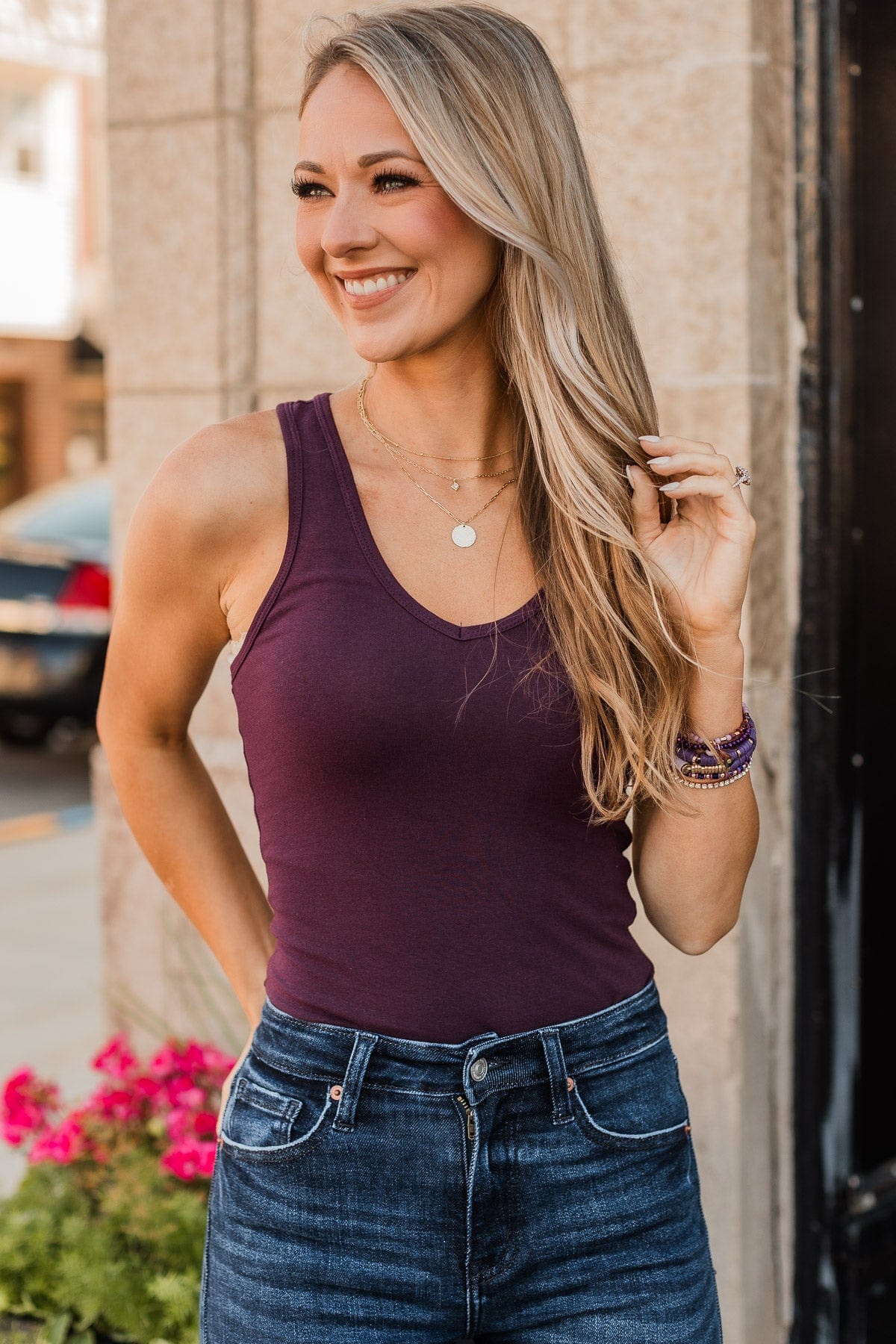 A Moment's Notice V-Neck Bodysuit- Eggplant