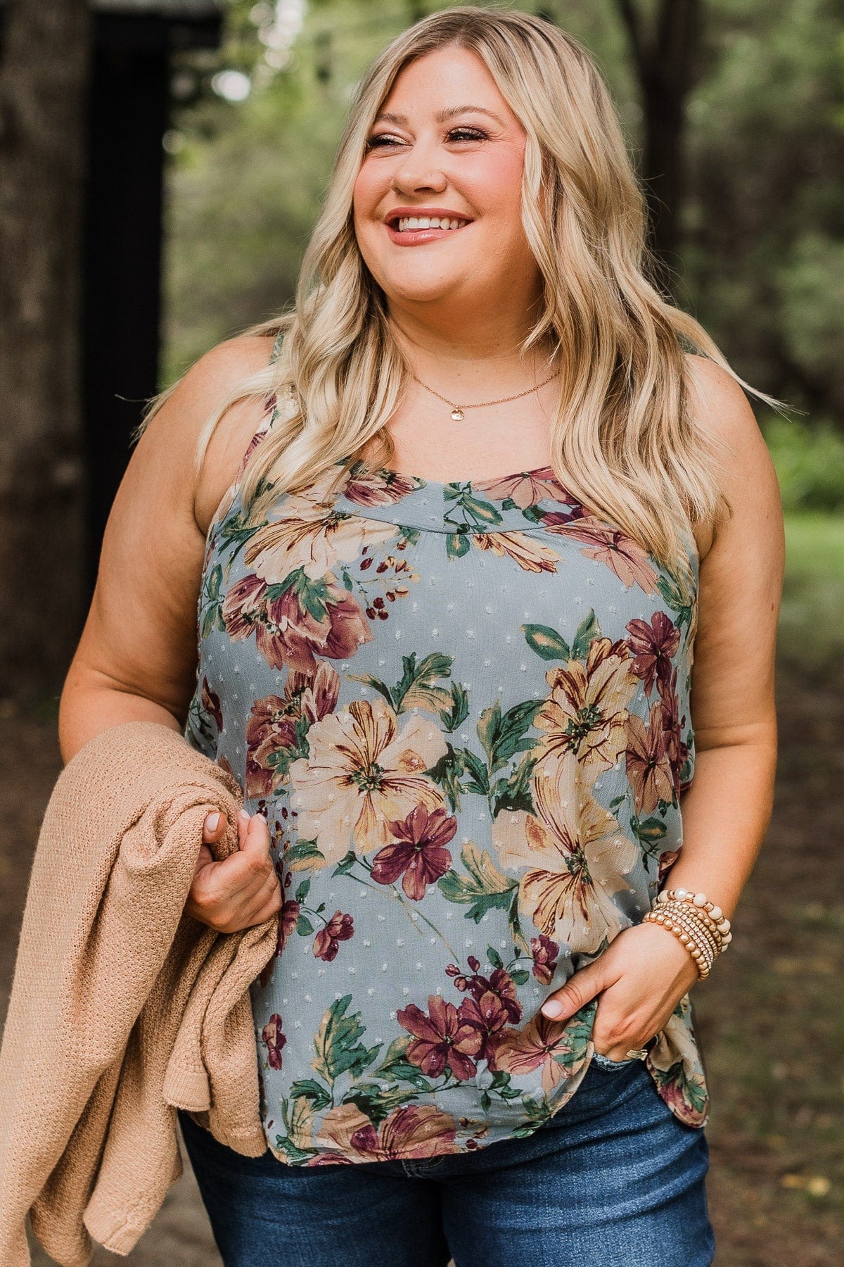 Up For Fun Floral Tank Top- Dusty Blue