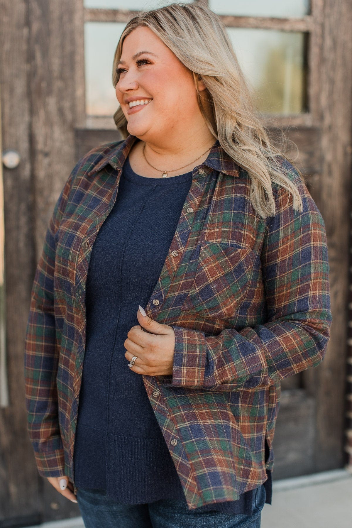 Floating On Air Plaid Button Top- Indigo