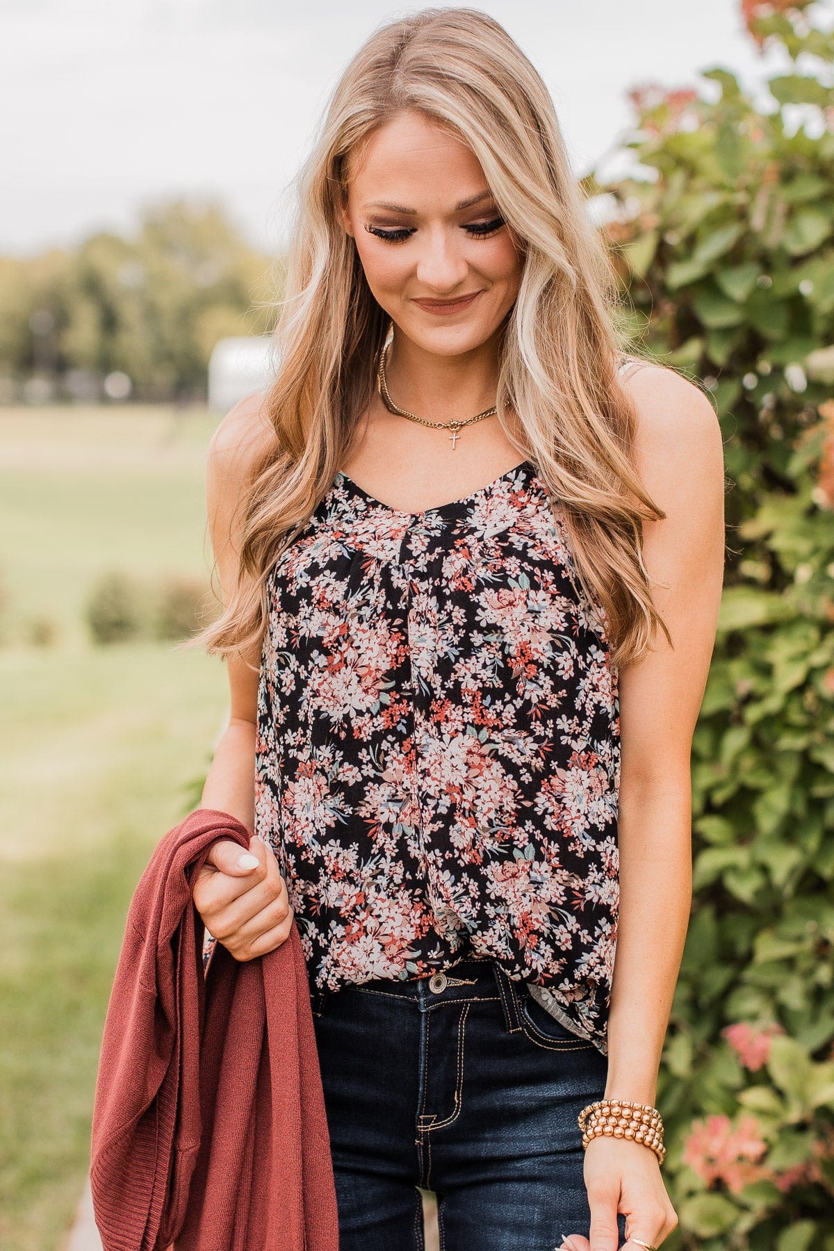 Garden Blooms Floral Tank Top- Black