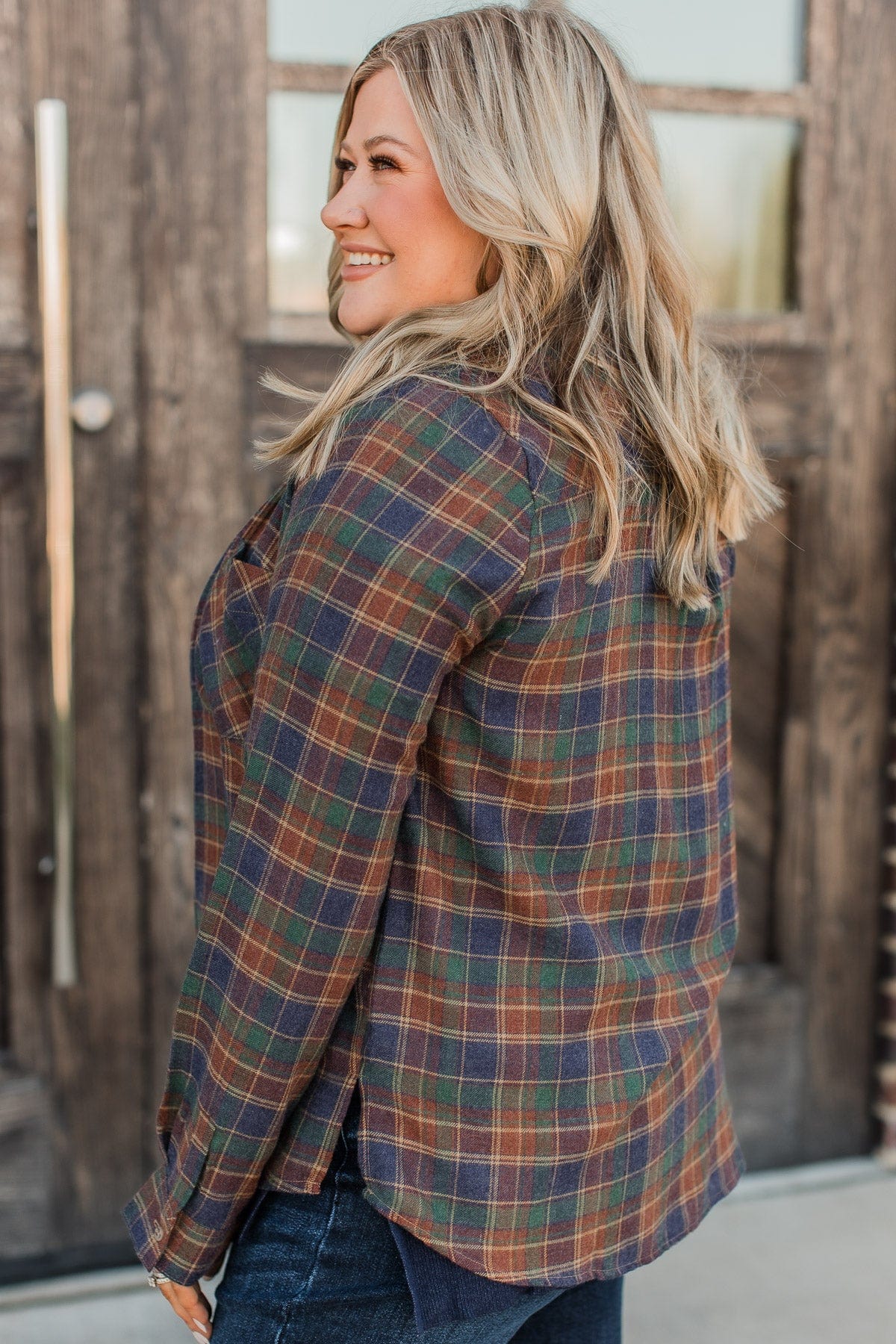 Floating On Air Plaid Button Top- Indigo