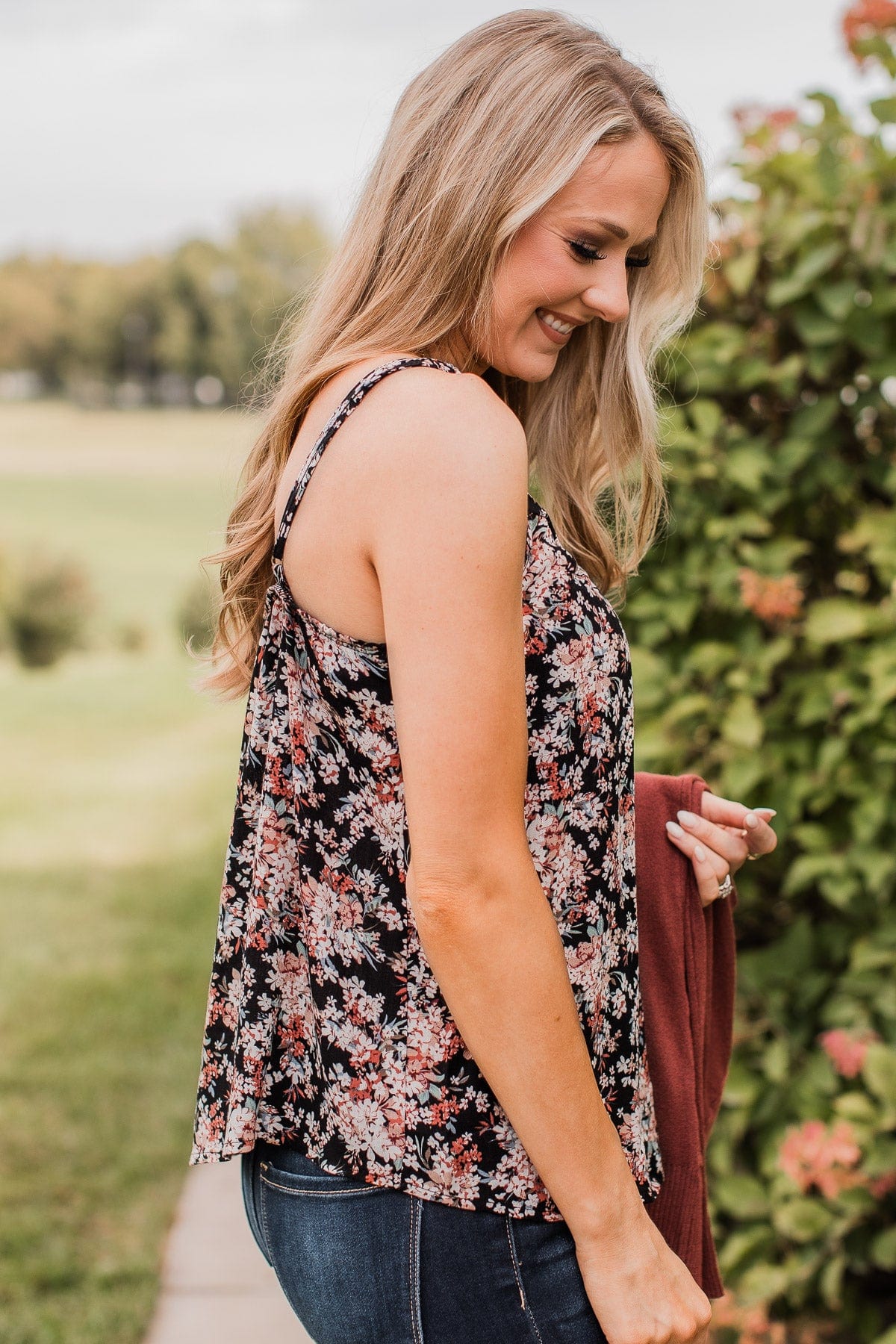 Garden Blooms Floral Tank Top- Black
