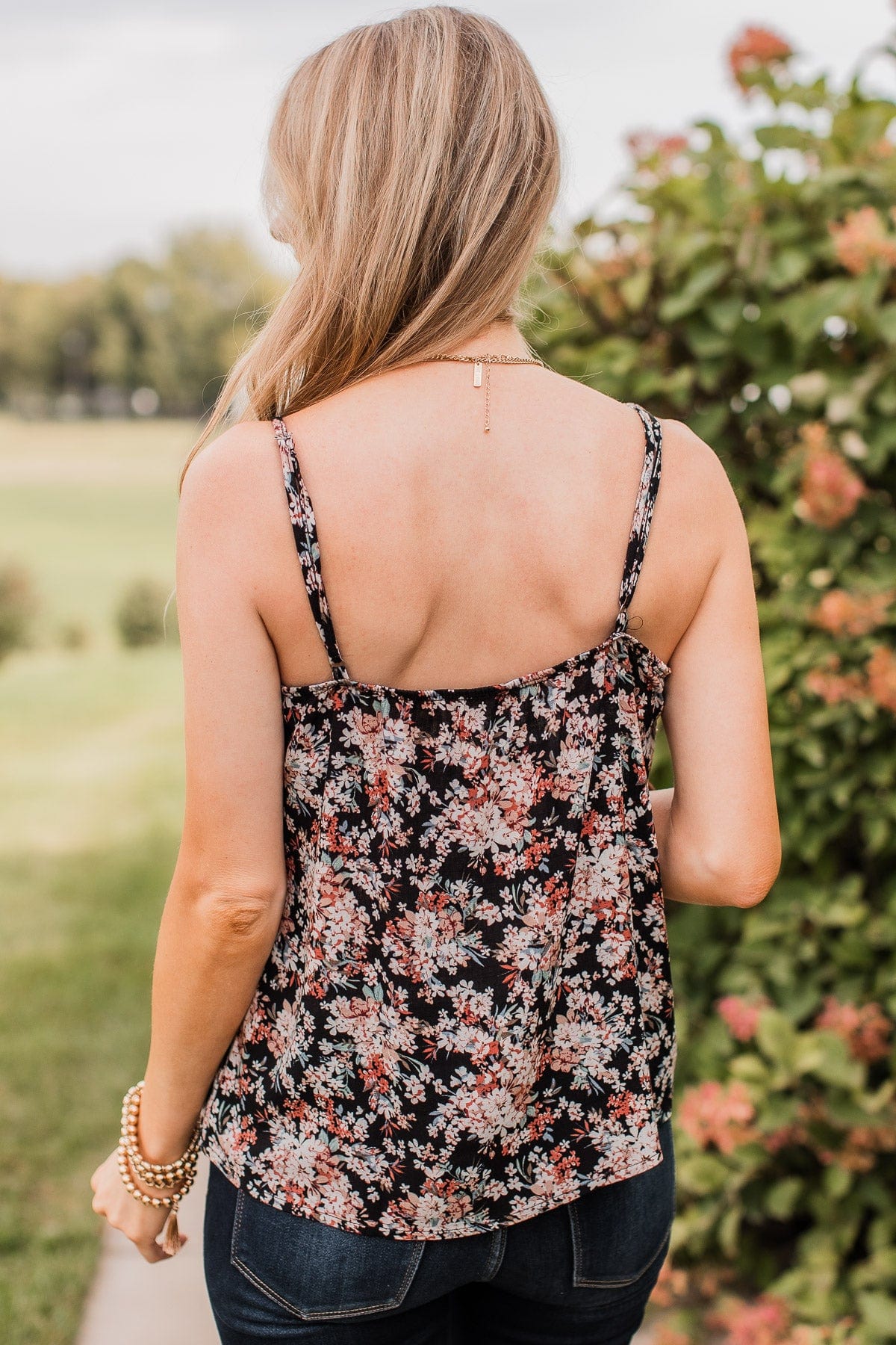 Garden Blooms Floral Tank Top- Black