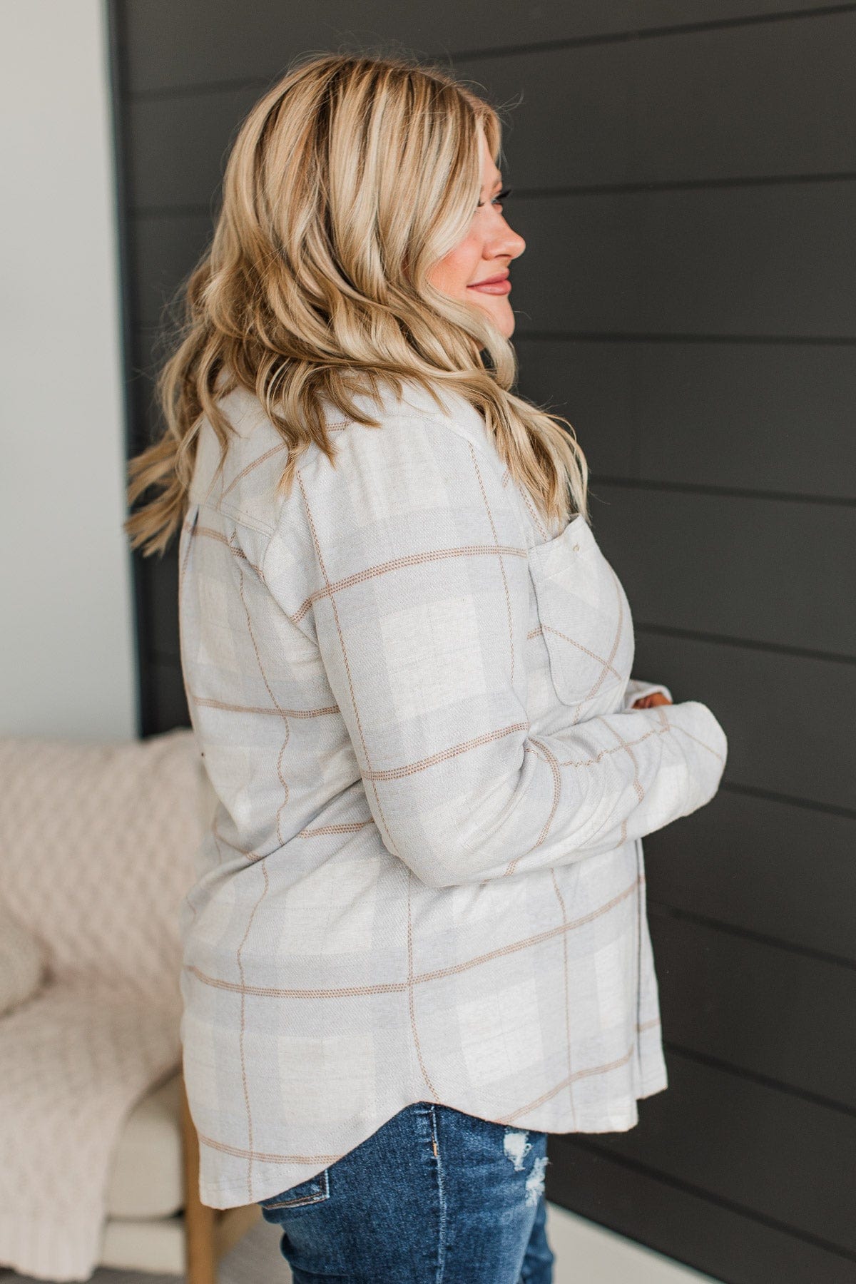 Thread & Supply Free Falling Plaid Shirt Jacket- Light Grey