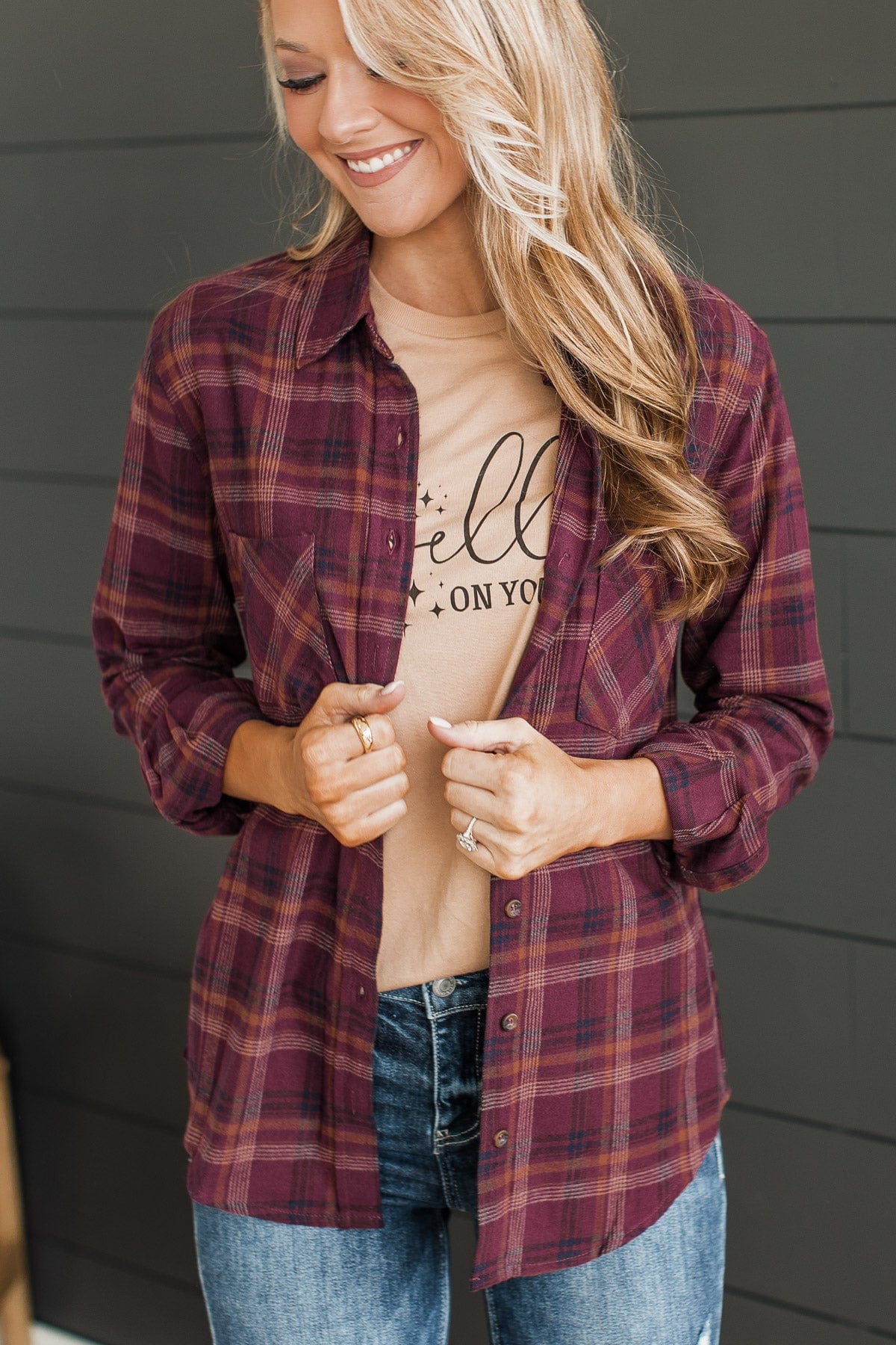 Tell You Everything Plaid Button Top- Plum