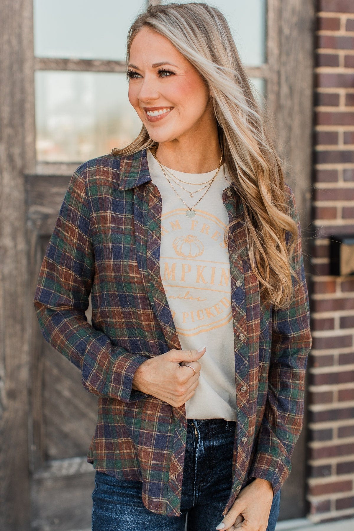 Floating On Air Plaid Button Top- Indigo