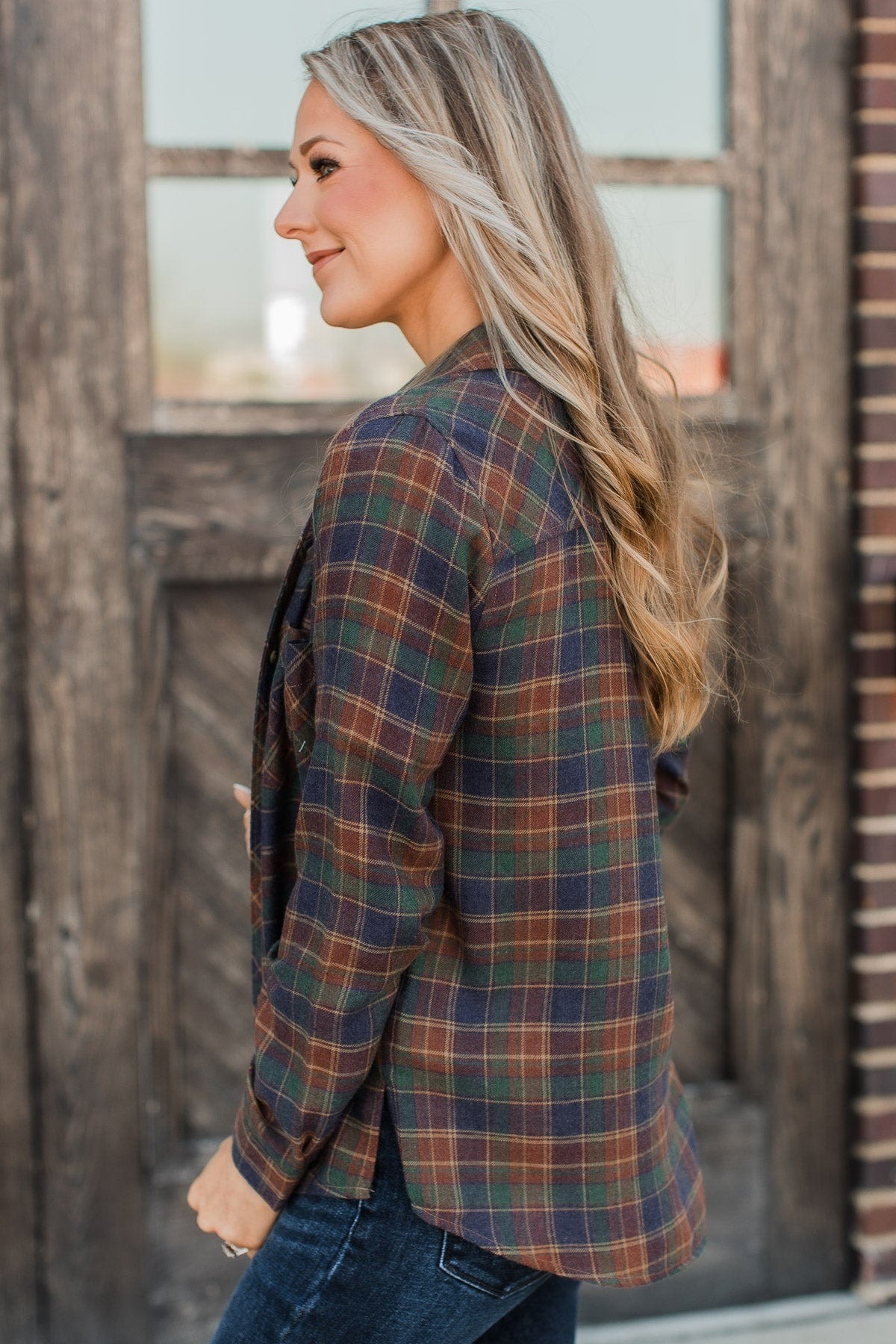 Floating On Air Plaid Button Top- Indigo