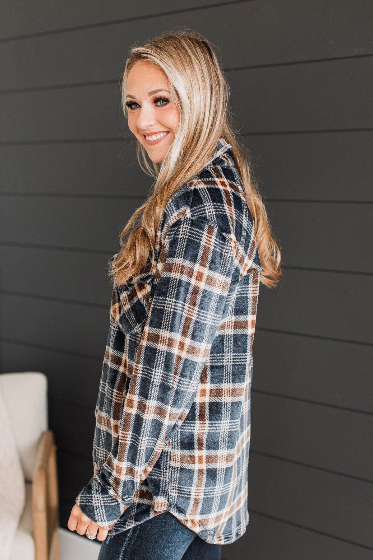 Weekend Plans Button Up Plaid Jacket- Navy