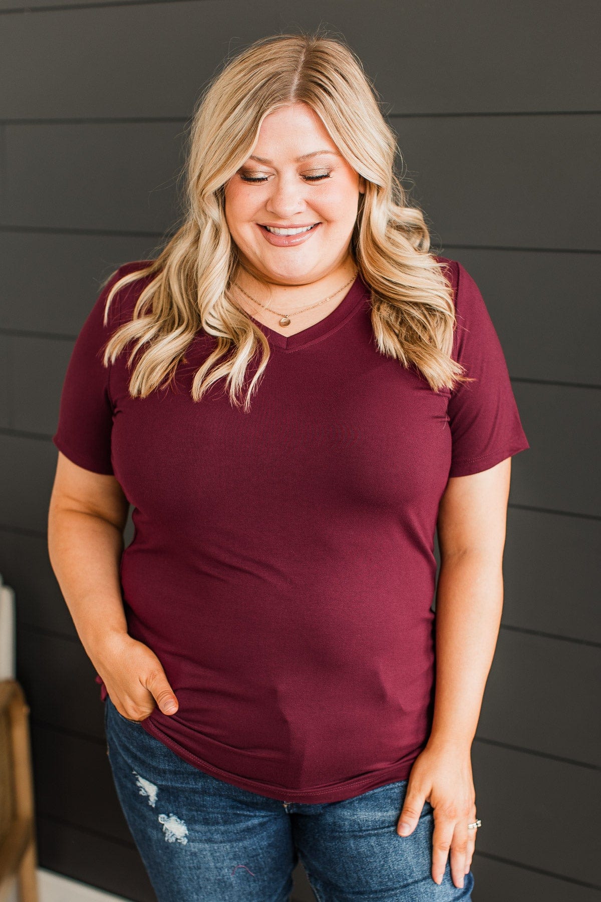 Hello Lovely V-Neck Top- Burgundy