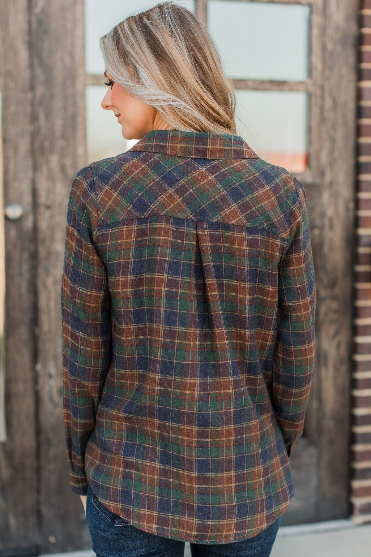 Floating On Air Plaid Button Top- Indigo